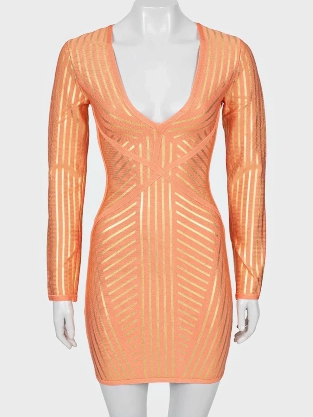 Herve Leger Metallic V-Neck Bandage Dress Mini Dress Pink & Orange Medium